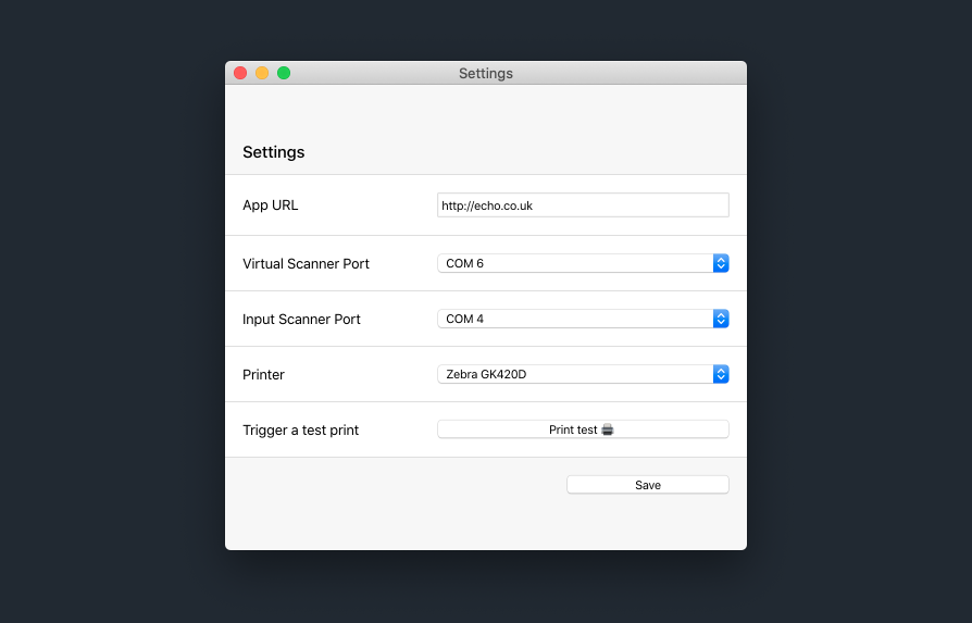 A window with our electron wrapper settings form that let you configure the URL of the app you are want, the printer and which serial ports to use for scanning.